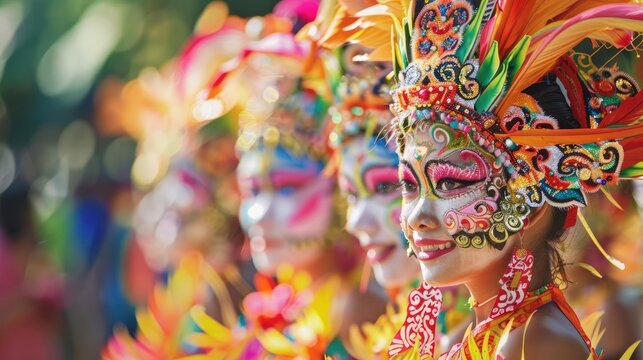 Vibrant cultural celebration featuring colorful masks and festive attire during a lively parade amidst bright decorations.