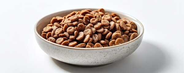 Natural brown pet food pellets in a white bowl on a neutral background