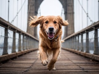 Golden retriever joyfully running on a wooden bridge during a cloudy day