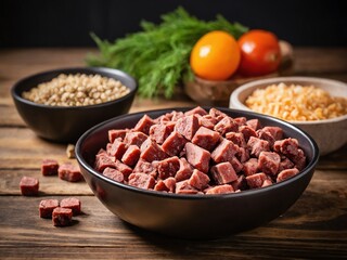 Preparation of fresh ingredients for a homemade meal with meat and vegetables on a wooden table