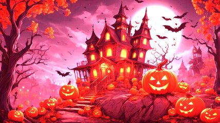 A spooky forest sunset with a haunted evil glowing eyes of Jack O' Lanterns on the left of a wooden bench on a scary halloween night.