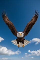 Naklejka premium Bald Eagle Flying in Blue Sky, Real Photo, Pattern Background, Wallpaper, Cover and Screen for Smartphone, Cell Phone, Computer, Laptop