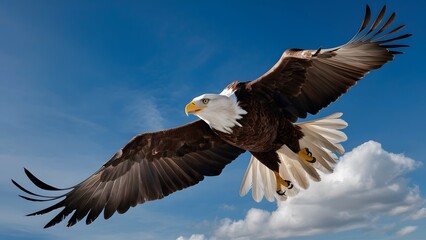 Naklejka premium Bald Eagle Flying in Blue Sky, Real Photo, Pattern Background, Wallpaper, Cover and Screen for Smartphone, Cell Phone, Computer, Laptop