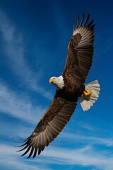 Obraz premium Bald Eagle Flying in Blue Sky, Real Photo, Pattern Background, Wallpaper, Cover and Screen for Smartphone, Cell Phone, Computer, Laptop