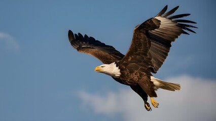 Obraz premium Bald Eagle Flying in Blue Sky, Real Photo, Pattern Background, Wallpaper, Cover and Screen for Smartphone, Cell Phone, Computer, Laptop