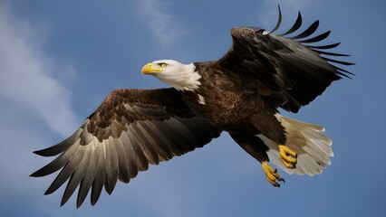 Fototapeta premium Bald Eagle Flying in Blue Sky, Real Photo, Pattern Background, Wallpaper, Cover and Screen for Smartphone, Cell Phone, Computer, Laptop