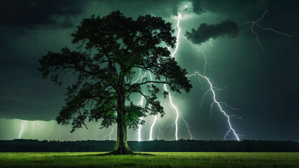 A lone tree beautifully illuminated by multiple Lightning bolts under the dark thunderstorm sky at night.