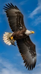 Obraz premium Bald Eagle Flying in Blue Sky, Real Photo, Pattern Background, Wallpaper, Cover and Screen for Smartphone, Cell Phone, Computer, Laptop