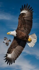 Fototapeta premium Bald Eagle Flying in Blue Sky, Real Photo, Pattern Background, Wallpaper, Cover and Screen for Smartphone, Cell Phone, Computer, Laptop