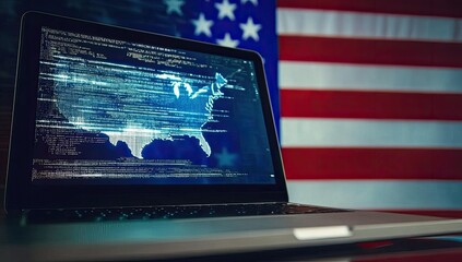 A laptop displays the USA map in code, with an