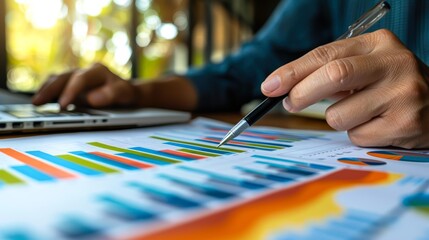 Fototapeta premium A person analyzing colorful charts and graphs with a pen while using a laptop in a bright, blurred background ideal for business, data analysis, finance, and office-related content,