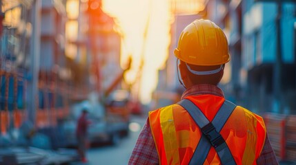 A construction worker wearing a yellow hard hat and high-visibility vest is seen from behind, illuminated by a sunset, standing on an urban construction site this image is ideal for themes of safety