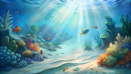 Fototapeta premium Underwater Sea Scene of coral reef, Sunlight shining undersea background 