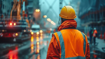 Obraz premium A construction worker in an orange safety jacket and helmet observes a rainy, urban construction site with blurred machinery and lights in the background perfect for illustrating urban development