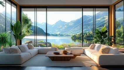 Obraz premium Modern living room with mountain view.