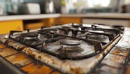 Obraz premium A dirty and rusted gas stovetop.