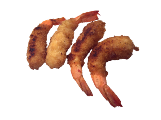 Breaded and deep fried shrimps. Shimp furai isolated.