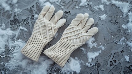 Chic beige knitted gloves standing straight on a chilly concrete surface