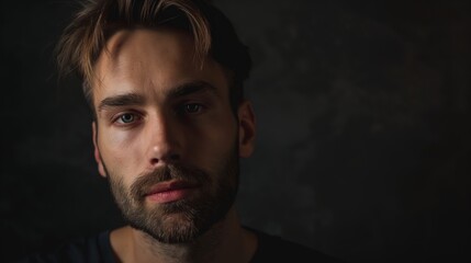 Obraz premium A young man with a thoughtful expression stands in a dimly lit, dark room, gazing thoughtfully ahead.