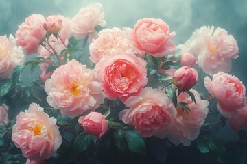lush pink peonies and roses arrangement dark moody background dramatic lighting vertical composition soft petals rich textures romantic atmosphere vintage aesthetic