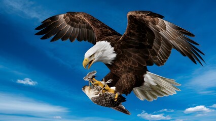 Obraz premium Bald Eagle Flying in Blue Sky with Prey in Talons, Real Photo, Pattern Background, Wallpaper, Cover and Screen for Smartphone, Cell Phone, Computer, Laptop