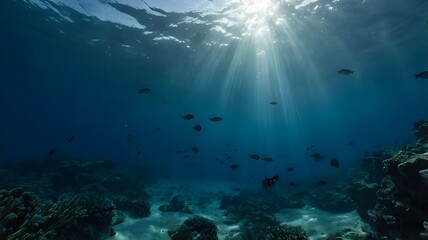 Underwater Sea Scene of coral reef, Sunlight shining undersea background 