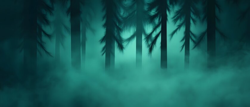 Mysterious foggy forest with tall trees.