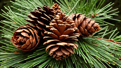 Fototapeta premium Symmetry of nature: Ornamental conical shape of pine cones in organic textures with winter shades for a holiday landscape.