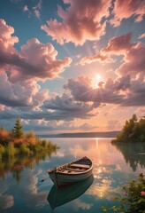 a boat in the sea at sunset