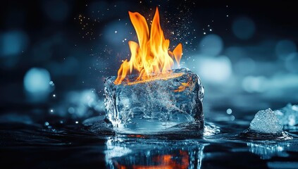 Fire erupting from a block of ice.