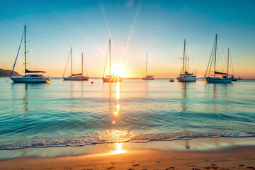 Sea horizon, sea, dawn, yachts, AI Generation