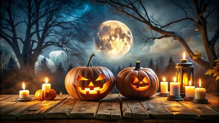 Halloween pumpkin head jack lantern with burning candles, Spooky Forest with a full moon and wooden table, Pumpkins In Graveyard In The Spooky Night - Halloween Backdrop.