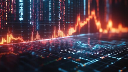 Naklejka premium A futuristic economy trend graph with digital overlays, highlighting key market movements in real-time.