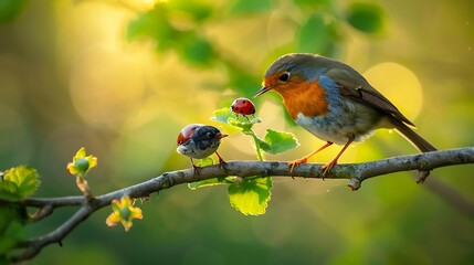 A bird and a ladybug on the same branch, with the bird watching the tiny insect with interest.