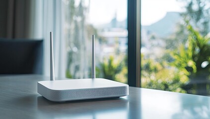 Fototapeta premium White router on table by window.