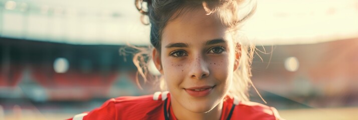 A young athlete in a red sports uniform stands on a field, radiating determination and enthusiasm under a bright, sunny sky.