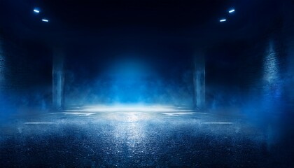 Obraz premium The dark stage shows, dark blue background, an empty dark scene, neon light, spotlights The asphalt floor and studio room with smoke float up the interior 