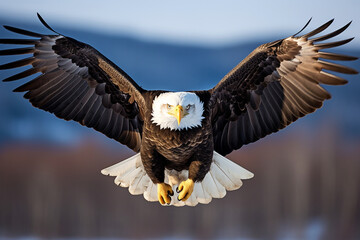 Fototapeta premium vertical closeup shot of the bald eagle while flying