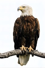 Bald Eagle Perched on Branch on White Background, Real Photo, Pattern Background, Wallpaper, Cover and Screen of Smartphone, Cell Phone, Computer, Laptop