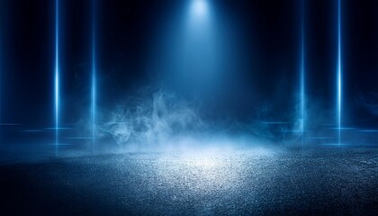 The dark stage shows, dark blue background, an empty dark scene, neon light, spotlights The asphalt...