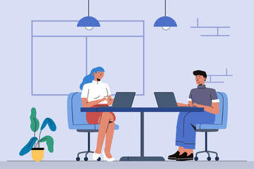 On the office concept illustration. Group of office workers sitting at desk and communicating or talking to each other. Flat cartoon colorful vector illustration.