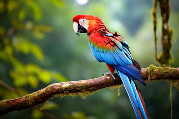 vibrant macaw perched on branch in forest