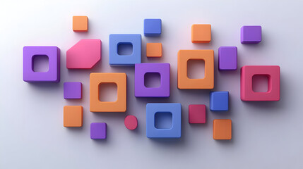 A colorful arrangement of geometric shapes in various sizes and colors on a light background.