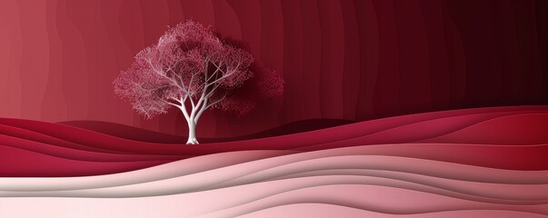 Abstract art of white tree on layered red background conveying calmness and serenity