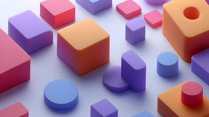 A colorful arrangement of geometric shapes in various sizes and colors on a light background.