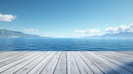 wooden deck extending towards a vast ocean, with mountains and coastline only visible on the...