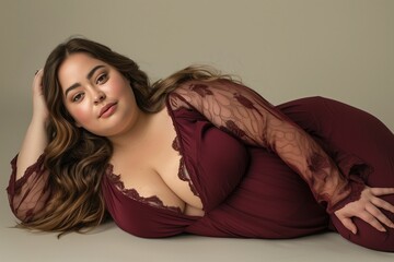Naklejka premium Elegant Plus-Size Model in Burgundy Sleepwear. Concept about lifestyle and body positivity