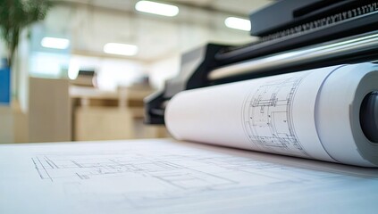 Blueprint prints from a large plotter.