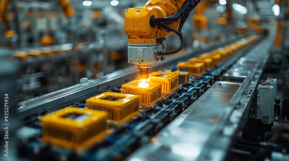 Poster Robotic arms deftly maneuver over an assembly line, expertly handling components in a modern manufacturing environment filled with precision and efficiency