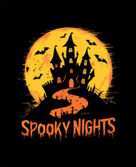 Spooky Nights Halloween Design - Haunted Castle Silhouette with Full Moon and Bats in Dripping Text - Vector Illustration